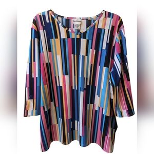 BonWorth bright multi color abstract stretchy blouse w/peekaboo sleeves EUC